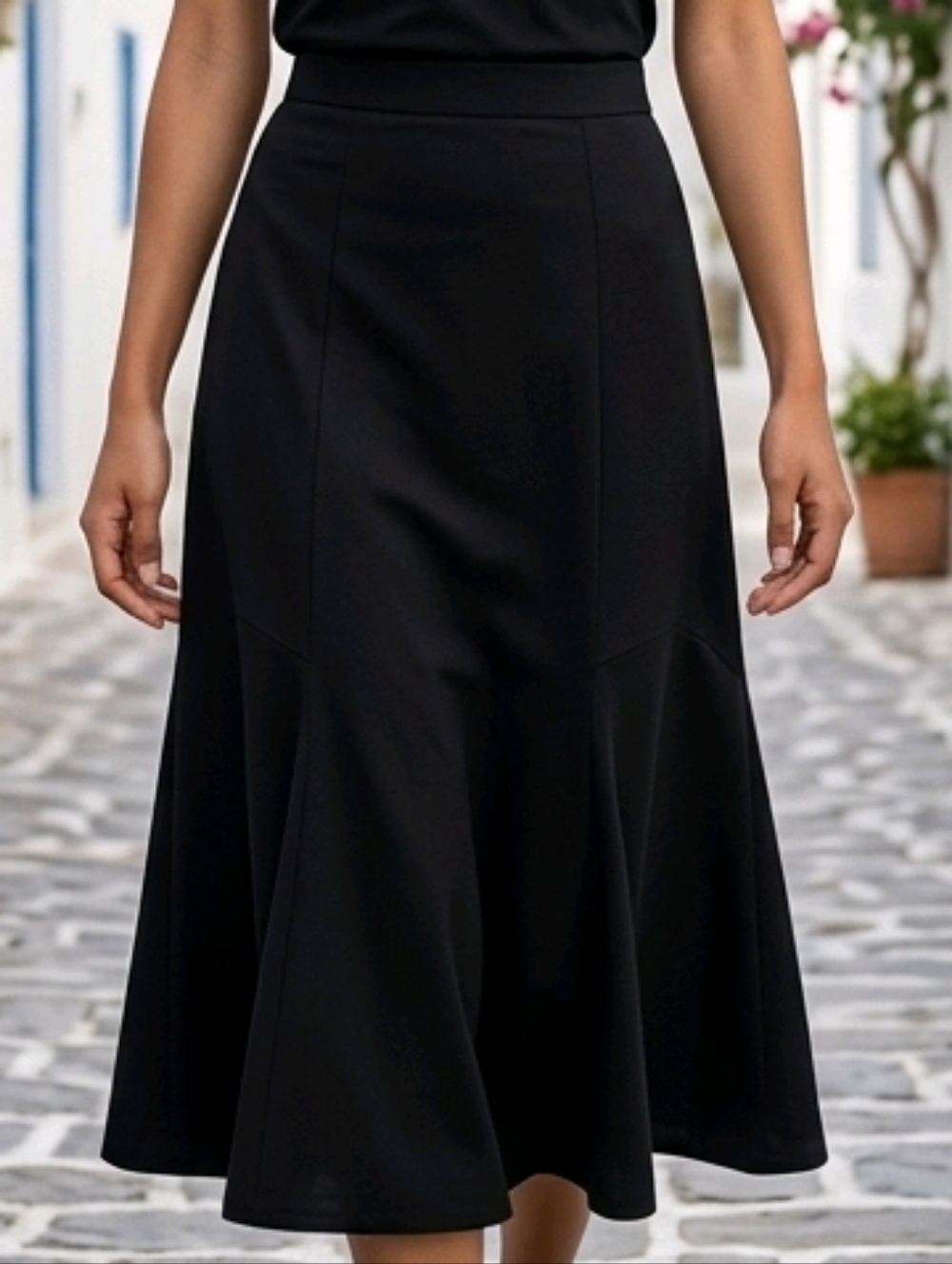 Travel Elements Women's Black Midi Skirt — Sleek A-Line Style Size M